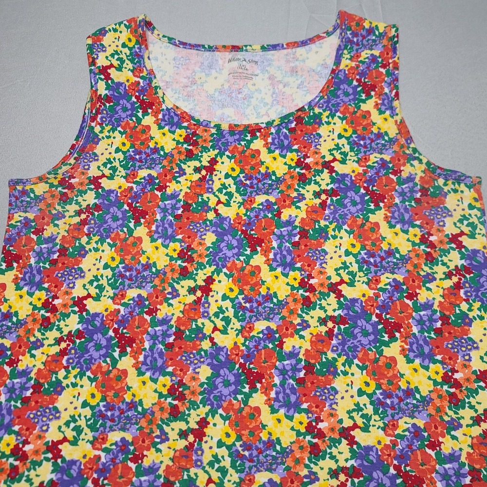 White Stag Tank Top Women L 12-14 Multicolor Floral Ditsy Cotton Scoop‎ Neck